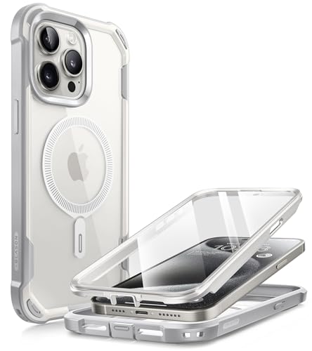i-Blason Ares Mag Hülle für iPhone 15 Pro (6.1") 2023, Kompatibel mit MagSafe, Bumper Case Transparent Handyhülle Robust Schutzhülle Cover mit integriert Displayschutz, Weiß von i-Blason