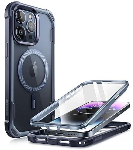 i-Blason Ares Mag Hülle für iPhone 15 Pro Max (6.7") 2023, Kompatibel mit MagSafe, Bumper Case Transparent Handyhülle Robust Schutzhülle Cover mit integriert Displayschutz, Blau von i-Blason