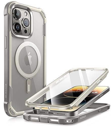 i-Blason Ares Mag Hülle für iPhone 15 Pro Max (6.7") 2023, Kompatibel mit MagSafe, Bumper Case Transparent Handyhülle Robust Schutzhülle Cover mit integriert Displayschutz, Grau von i-Blason