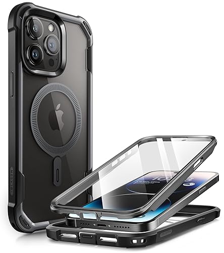 i-Blason Ares Mag Hülle für iPhone 15 Pro Max (6.7") 2023, Kompatibel mit MagSafe, Bumper Case Transparent Handyhülle Robust Schutzhülle Cover mit integriert Displayschutz, Schwarz von i-Blason
