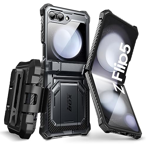 i-Blason Armorbox Series für Samsung Galaxy Z Flip 5 Hülle (2023) mit integriertem Displayschutz, Ständer und Gürtelclip, Robust Handyhülle Scharnierschutz Bumper Case (Schwarz) von i-Blason