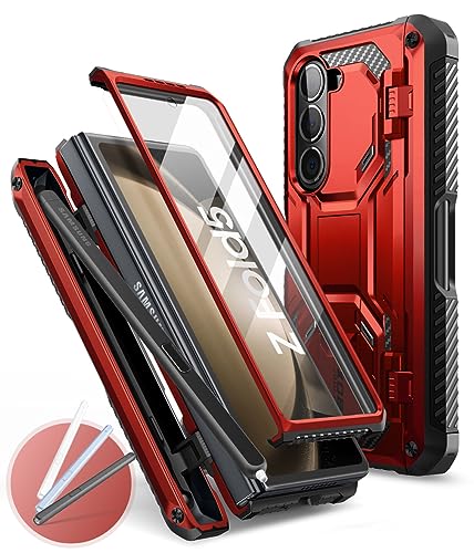 i-Blason Armorbox für Samsung Galaxy Z Fold 5 Hülle (2023) mit Stifthalter und und 3 SilikonStifthülle, Rugged Handyhülle mit integriertem Displayschutz und Ständer (Rot) von i-Blason