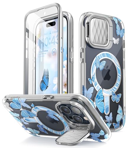 i-Blason Cosmo Mag für iPhone 15 Pro Hülle (6.1") mit Kameraschutz Ständer, [Kompatibel mit MagSafe] Glitzer Handyhülle Schlank Case Schutzhülle mit Displayschutz 2023, Bluefly von i-Blason