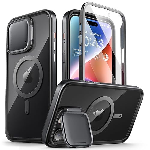 i-Blason Shield Mag für iPhone 15 Pro Max Hülle mit Kameraschutz Ständer, [Kompatibel mit MagSafe] Transparent Handyhülle Bumper Case Schutzhülle mit Displayschutz 2023, Schwarz von i-Blason