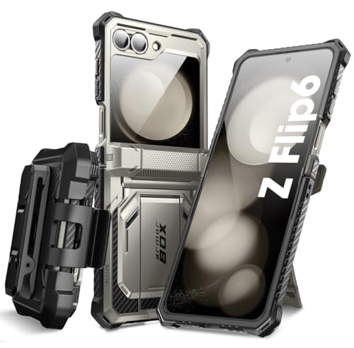 i-Blason für Samsung Galaxy Z Flip 6 Hülle mit Ständer, Scharnierschutz Handyhülle Bumper Case Schutzhülle [Armorbox] mit integriertem Displayschutz und Gürtelclip für Samsung Z Flip 6 (Grau) von i-Blason