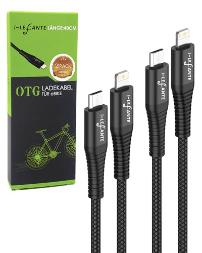 i-LEFANTE 2 PACK eBike Ladekabel für Bosch Intuvia, Kiox, Nyon (alt) E-Bike Display | 40 cm Länge | OTG Funktion | Micro USB auf iOS für iOS Phone| für Fahrradcomputer | 2 Stück von i-LEFANTE