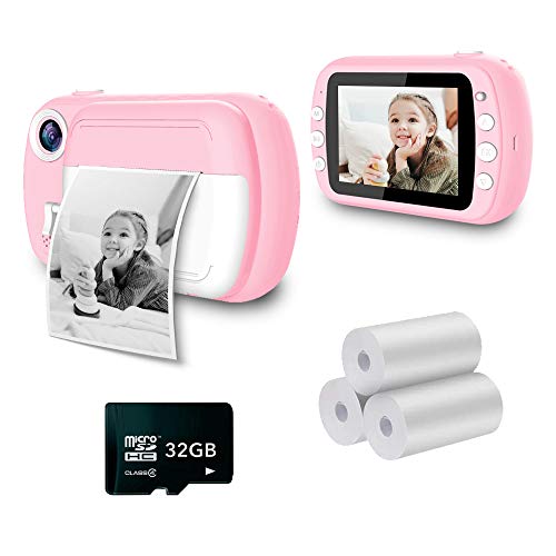 i-Paint P9 Sofortbildkamera für Kinder, Druck B/N auf Thermopapier, 1080P Digitalkamera, FHD Digitalkamera, 3,5 Zoll LCD, 3,5 Zoll (3,5 Zoll), Micro-SD 32 GB, Rosa von i-Paint