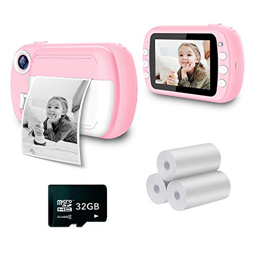 i-Paint P9 Sofortbildkamera für Kinder, Druck B/N auf Thermopapier, 1080P Digitalkamera FHD, LCD 3,5 Zoll, Micro SD 32 GB, Farbe Rosa von i-Paint