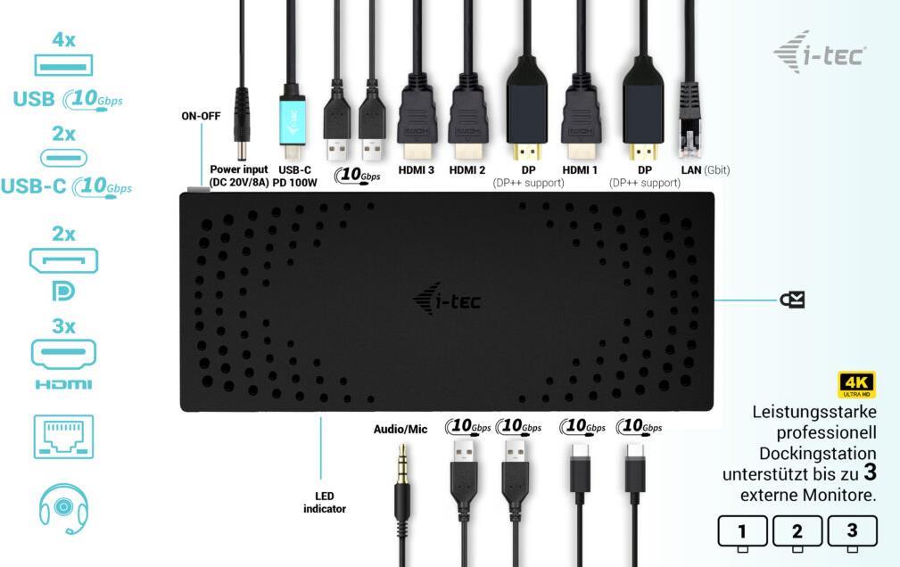 i-Tec - Dockingstation - USB-C / USB4 / USB3.0 Thunderbolt 3 / Thunderbolt 4 - 3 x HDMI, 2 x DP - GigE - 160 Watt - Europa (CATRIPLE4KDOCKPD2) von i-tec