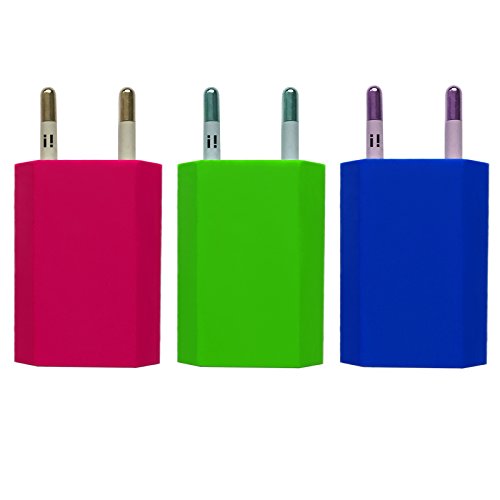 [i!®] 3X USB Netzteil Set Ladegerät Steckdosenadapter Stecker 5V/1A kompatibel mit [Universal | Apple iPhone XS X 8 7 6 5 SE iPad | Samsung Galaxy | Handy | Tablet] blau + grün + pink von i!