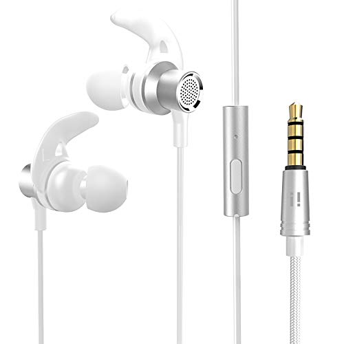 [i!®] Komfort Sport In Ear Kopfhörer Ohrhörer Headset | 3,5mm Klinke AUX Stecker | Mikrofon | Fitness | Jogging | Silber weiß von i!