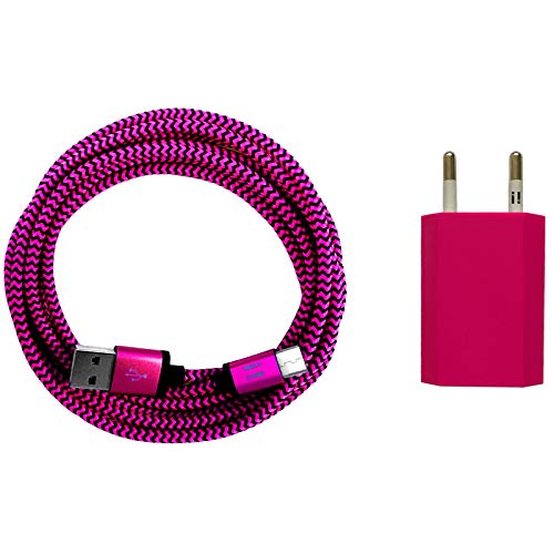 i! - 1A USB Netzteil + 1m Premium Nylon USB-C Schnellladekabel Datenkabel Ladegerät Set für Handy Tablet Smartphone - pink von i!