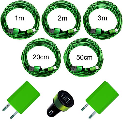 i! - 2X 1A USB Netzteil + Auto Ladegerät + 20cm + 50cm + 1m + 2m + 3m Nylon USB-C Schnellladekabel Datenkabel Set für Handy Tablet Smartphone - grün i! - 2X 1A USB Netzteil + Auto Ladegerät + 20cm + 50cm + 1m + 2m + 3m Nylon USB-C Schnellladekabel Datenkabel Set für Handy Tablet Smartphone - grün von i!