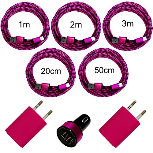i! - 2X 1A USB Netzteil + Auto Ladegerät + 20cm + 50cm + 1m + 2m + 3m Nylon USB-C Schnellladekabel Datenkabel Set für Handy Tablet Smartphone - pink i! - 2X 1A USB Netzteil + Auto Ladegerät + 20cm + 50cm + 1m + 2m + 3m Nylon USB-C Schnellladekabel Datenkabel Set für Handy Tablet Smartphone - pink von i!