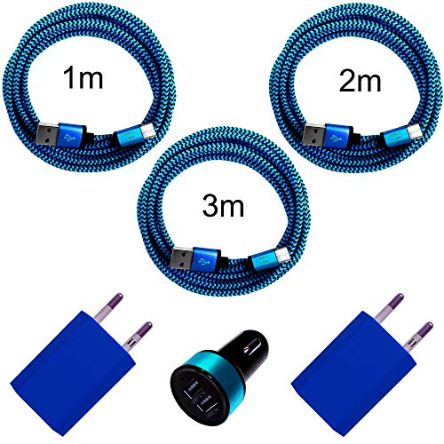 i! - 2X 1A USB Netzteil + KFZ Auto Ladegerät + 1m + 2m + 3m Nylon USB-C Schnellladekabel Datenkabel Set für Handy Tablet Smartphone - blau von i!