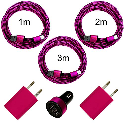 i! - 2X 1A USB Netzteil + KFZ Auto Ladegerät + 1m + 2m + 3m Nylon USB-C Schnellladekabel Datenkabel Set für Handy Tablet Smartphone - pink von i!