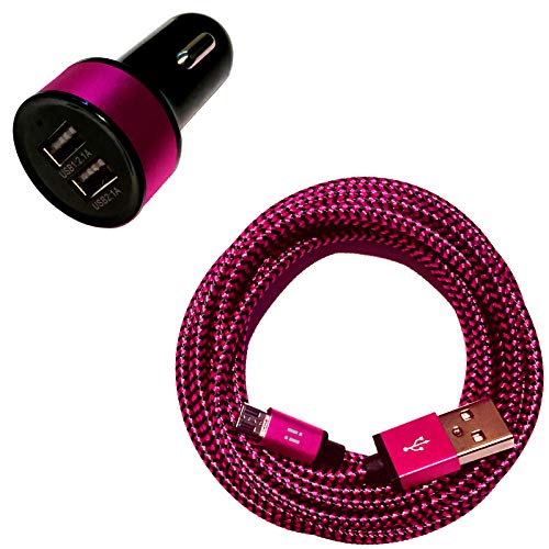 i! - 3.1A DUAL USB KFZ Auto Ladegerät + 1m Premium Nylon Micro USB Ladekabel Datenkabel Set für Handy Tablet Smartphone - pink von i!
