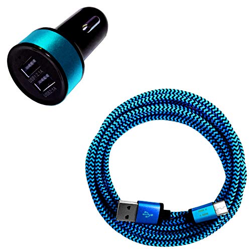 i! - 3.1A DUAL USB KFZ Auto Ladegerät + 1m Premium Nylon USB-C Schnellladekabel Datenkabel Set für Handy Tablet Smartphone - blau von i!