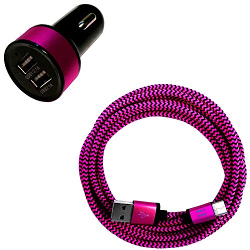 i! - 3.1A DUAL USB KFZ Auto Ladegerät + 1m Premium Nylon USB-C Schnellladekabel Datenkabel Set für Handy Tablet Smartphone - pink von i!