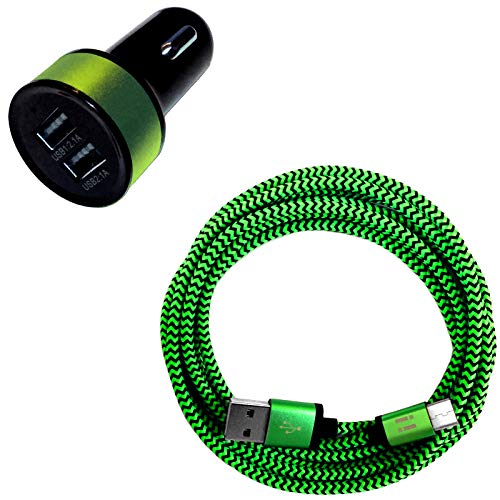 i! - 3.1A DUAL USB KFZ Auto Ladegerät + 50cm Premium Nylon USB-C Schnellladekabel Datenkabel Set für Handy Tablet Smartphone - grün von i!