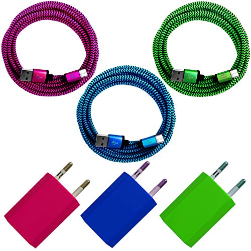 i! - 3X 1A USB Netzteil + 3X 1m Premium Nylon USB-C Schnellladekabel Datenkabel Ladegerät Set für Handy Tablet Smartphone - blau + grün + pink von i!