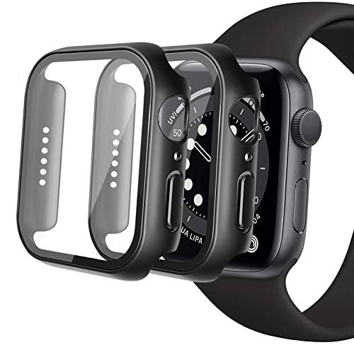 IBEX 2 Stück Schutzhülle für Apple Watch Series 6/SE/Serie 5/Serie 4 44 mm Bildschirmschutz, Bumper Case Cover, Hartschale, stoßfest, PC, ultradünn, Hartglas, Displayschutzfolie, Schwarz von iBEX