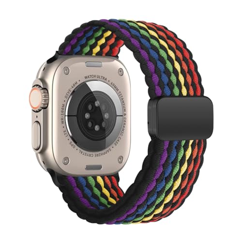 iBazal Kompatibel mit Apple Watch Armband 49mm 45mm 44mm 42mm Nylon Geflochtenes Solo Loop Stoff Woven Uhren Band Kompatibel für iWatch Serie Ultra/Ultra 2 9/8/7/6/5/4/3/2/1/SE/SE2 Schwarz Regenbogen von iBazal