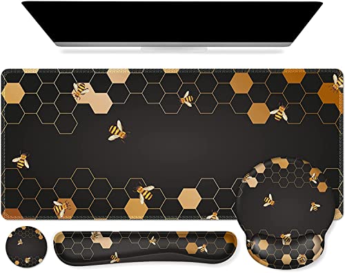 iCasso Mauspad-Set, Gaming-Mauspad mit Handgelenkstütze, großes 4-in-1-Mauspad + Tastatur-Handballenauflage + Maus-Handballenauflage + Untersetzer mit ergonomischem Design für das Office (bee) von iCasso