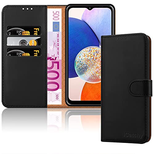 iCatchy Schutzhülle für Samsung Galaxy A24 4G, Leder-Folio-Brieftaschenbuch [RFID-blockierend] Magnetverschluss [Ständer mit 3 Kartenfächern] Vollständiger Schutz (schwarz) von iCatchy