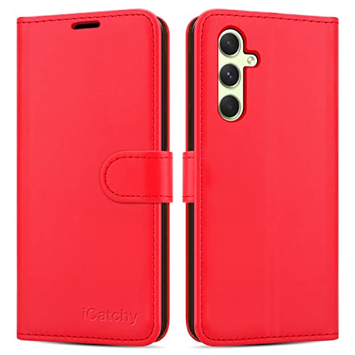 iCatchy Schutzhülle für Samsung Galaxy A34 5G, Leder, Brieftasche, Klappetui, Standfunktion, stoßfest, für Samsung A34 5G Handy (rot) von iCatchy