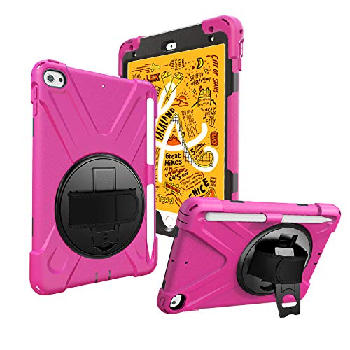 iChicTec Schutzhülle für iPad Mini 5, 2019 iPad Mini 4 mit Stifthalter Integrierter Kickstand 3 Schichten Hybrid Heavy Duty Protective Shockproof Case Cover mit drehbarer Handschlaufe hot pink hot pink von iChicTec