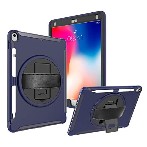 iChicTec iPad Air 3 10.5 2019/iPad Pro 10.5 Hülle integrierter Ständer und 360 Grad drehbare Handschlaufe Cover Ganzkörper-Heavy Duty Stoßfeste Schutzhülle mit Stifthalter Blau blau von iChicTec