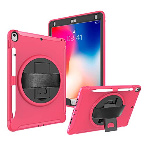 iChicTec iPad Air 3 10.5 2019/iPad Pro 10.5 Hülle integrierter Ständer und 360 Grad drehbare Handschlaufe Cover Ganzkörper-Heavy Duty Stoßfeste Schutzhülle mit Stifthalter hot pink hot pink von iChicTec