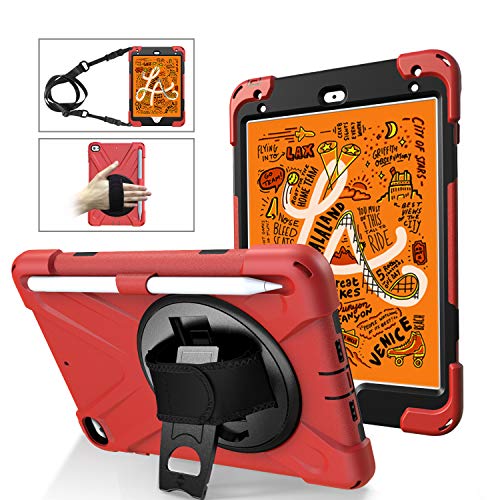 iChicTec iPad Mini 5 Hülle 2019 iPad Mini 4 Hülle Verstellbarer Schultergurt 360 Grad drehbar Handschlaufe und Kickstand Heavy Duty Rugged Shockproof Case Protective Cover mit Stifthalter Rot rot von iChicTec