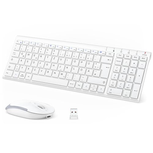 Tastatur Maus Set Kabellos, iClever kabellose Tastatur und Maus Ultra-Dünne Wiederaufladbare Funktastatur für PC/Laptop/Smart TV, QWERTZ Layout, Weiß von iClever