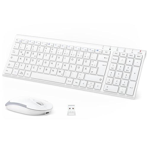 2.4G Maus Set kabellos, iClever Aluminium Wireless Slim Tastatur QWERTZ Layout (Deutsch), für Computer/Desktop/PC/Laptop/Oberfläsche/Smart TV und Windows 10/8/7/Vista/XP (2.4GHz, USB) von iClever