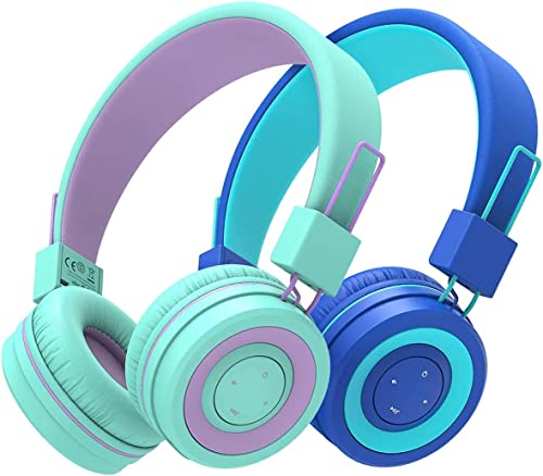 iClever 2 Pack Bluetooth Kinder Kopfhörer, Kopfhörer für Kinder mit MIC, Lautstärkeregler, Verstellbares Stirnband, Faltbar, Kinderkopfhörer am Ohr für Schule, Farbe: grün lila + blau von iClever
