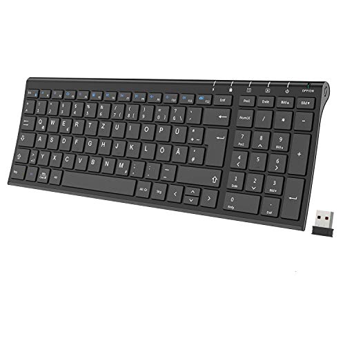 iClever 2.4G Kabellose Tastatur, Aluminium Wieder aufladbare ultraflache Wireless Keyboard, QWERTZ Layout, für Computer/Desktop/PC/Laptop/Oberfläsche/Mac/Chrome OS und Windows 10/8/7/Vista/XP von iClever