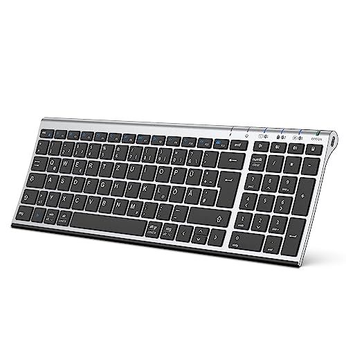 iClever BK10 Bluetooth Tastatur, kabellose wiederaufladbare Tastatur mit 3 Bluetooth Kanälen, Stabile Verbindung, Ultraslim Ergonomisches Design, Funk Tastatur für iOS, Android, Windows von iClever