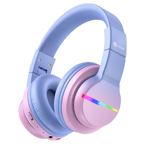 iClever Bluetooth Kinder Kopfhörer, Farbige LED-Leuchten, Kinderkopfhörer Over-Ear mit 74/85/94dB Lautstärkebegrenzung, 55 Stunden Spielzeit, Bluetooth 5.2, eingebautes Mikrofon BTH12 von iClever