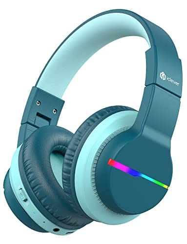 iClever Bluetooth Kinder Kopfhörer, Farbige LED-Leuchten, Kinderkopfhörer Over-Ear mit 74/85/94dB Lautstärkebegrenzung, 55 Stunden Spielzeit, Bluetooth 5.2, eingebautes Mikrofon BTH12 von iClever