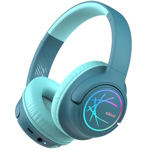 iClever Bluetooth Kinder Kopfhörer, Farbige LED-Leuchten, Kinderkopfhörer Over-Ear mit 74/85/94dB Lautstärkebegrenzung, 55 Stunden Spielzeit, eingebautes Mikrofon BTH18 von iClever