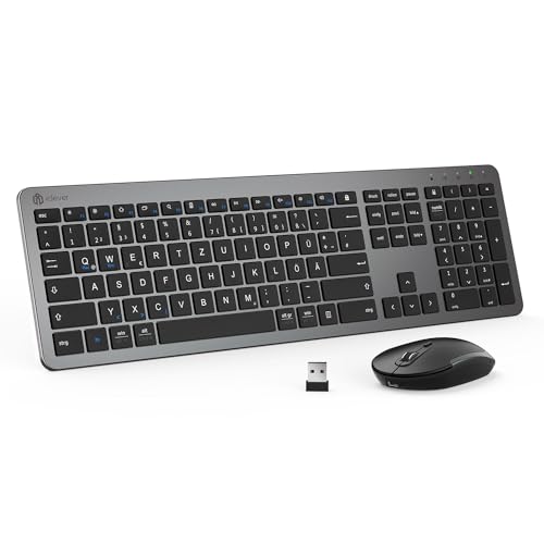 iClever GK08 Tastatur und Maus Kabellos - 2.4G Ultraslim Wiederaufladbare Funktastatur Maus Set für PC, Desktop, Notebook, Laptop, Windows Mac OS, QWERTZ Layout, Schwarz und Grau von iClever