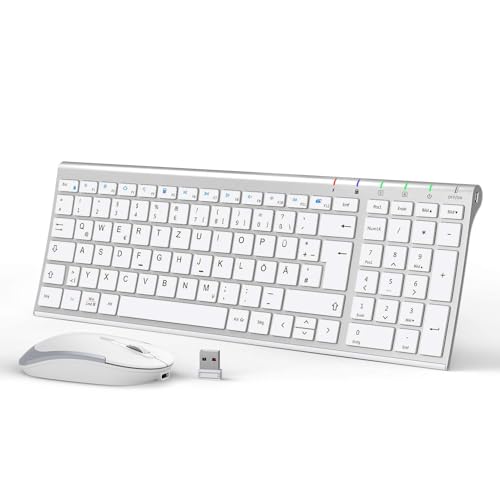 iClever Kabellos Tastatur Maus Set, Wiederaufladbare Kabellose Tastatur und Maus, QWERTZ Layout (Deutsch), Ultra Thin für Computer/Desktop/PC/Laptop/Windows 10/8/7, Weiß und Silber von iClever