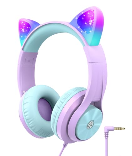 iClever Kinder Kopfhörer, Katzenohr-LED-Leuchte Over-Ear mit 94db Lautstärkebegrenzung Faltbare HD Stereo Kabel Kopfhörer, für Schule/iPad/Tablet/Reisen von iClever