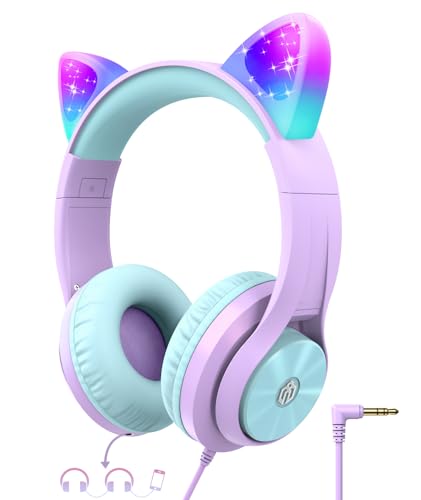 iClever Kinder Kopfhörer, Katzenohr-LED-Leuchte Over-Ear mit 85dBA Lautstärkebegrenzung Faltbare HD Stereo Kabel Kopfhörer, für Schule/iPad/Tablet/Reisen von iClever