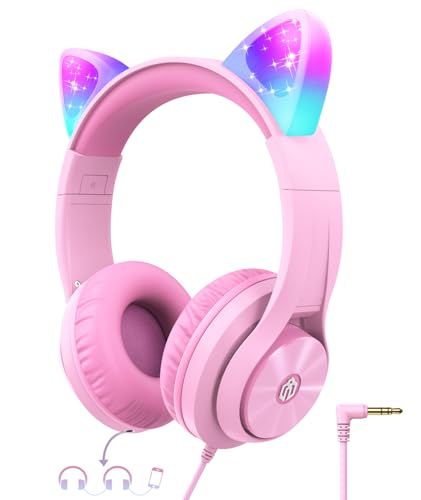 iClever Kinder Kopfhörer, Katzenohr-LED-Leuchte Over-Ear mit 85dBA Lautstärkebegrenzung Faltbare HD Stereo Kabel Kopfhörer, für Schule/iPad/Tablet/Reisen von iClever