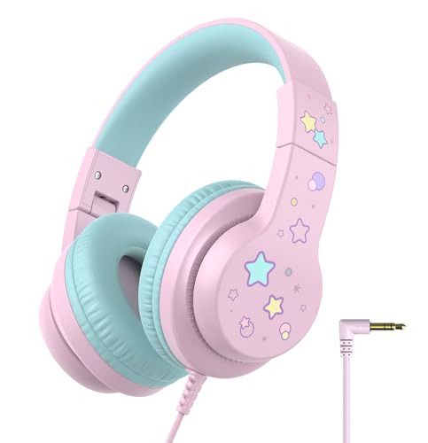 iClever Kinder Kopfhörer mit Mikrofon sicherer Lautstärke 85/94 dB, HS19S Stereo-Sound Over Ear Kopfhörer für Kinder, FunShare 3,5 mm kabelgebundene, Faltbare Kopfhörer für iPad/Computer von iClever