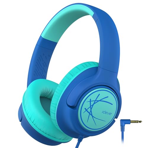 iClever Kopfhörer Kinder, Kopfhörer für Kinder mit Kabel 85dBA Sichere Lautstärke, Stereo Sound, Over Ear Faltbare 3.5 mm Jack Kinder Kopfhörer für iPad, Tablets, Schule, Reisen, Blau von iClever