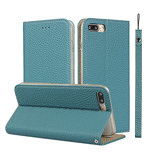 iCoverCase Echtleder-Schutzhülle für Plus/iPhone 8 Plus, Brieftaschen-Hülle mit Handschlaufe und Kartenfächern, Magnetverschluss, Ständer-Funktion, Flip-Cover für iPhone 7 Plus/8 Plus (hellblau) von iCover Case